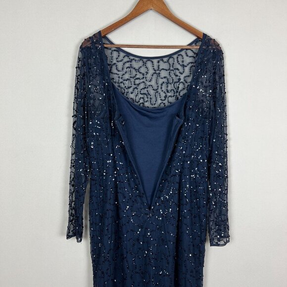 Papell Boutique Dress 16 Navy Blue Sequin Sheath Sheer Long Sleeve‎ Cocktail Zip - Picture 8 of 10